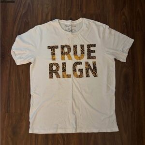 True Religion White Tee with Gold/Brown Snake-Print Logo